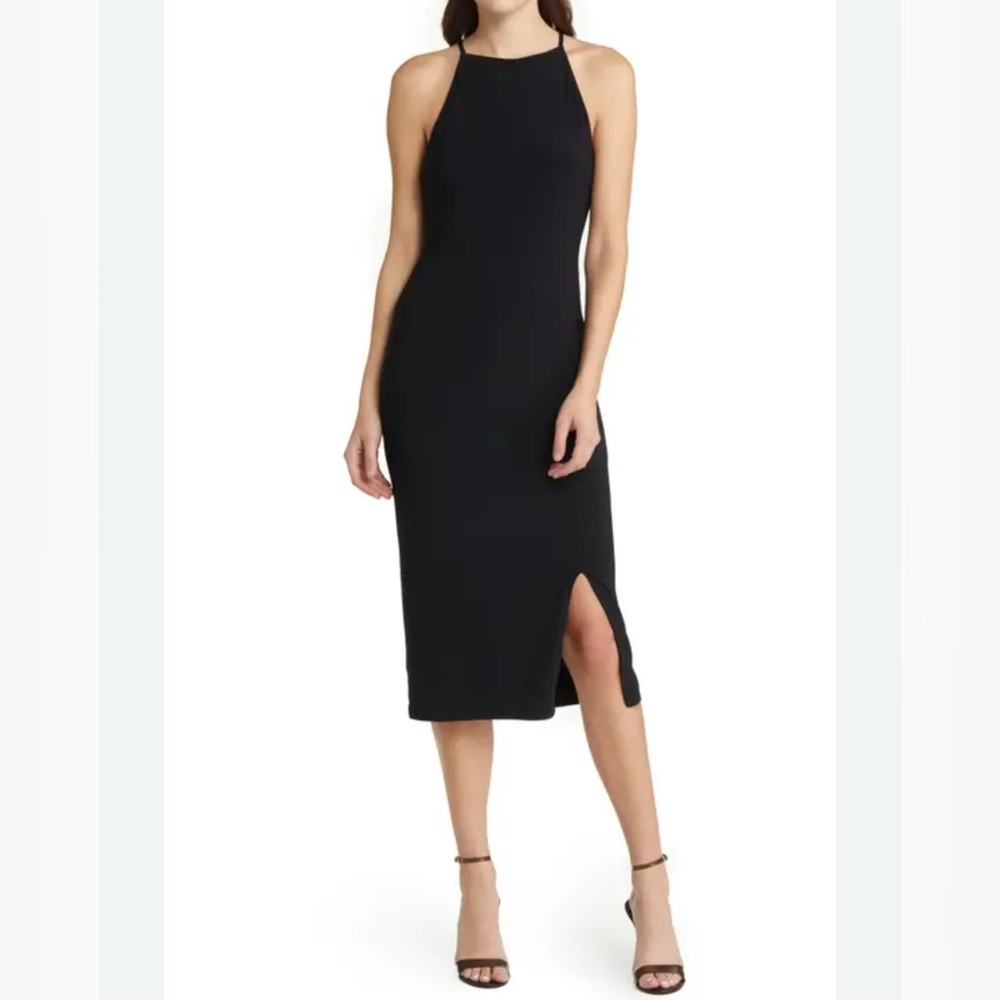 Nordstrom Chelsea 28 Black Stretch Shape wear Cross back Halter Dress NWT M